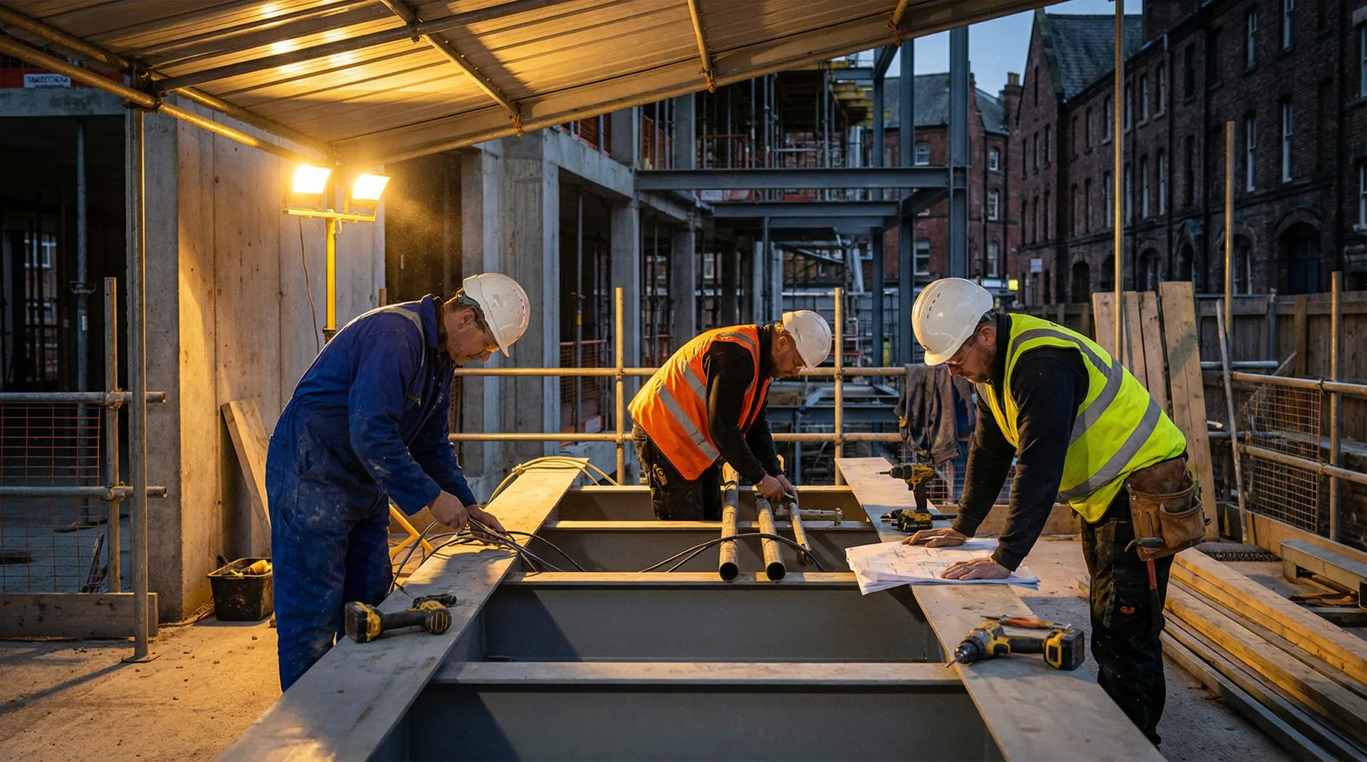 Tradespeople at work on construction site