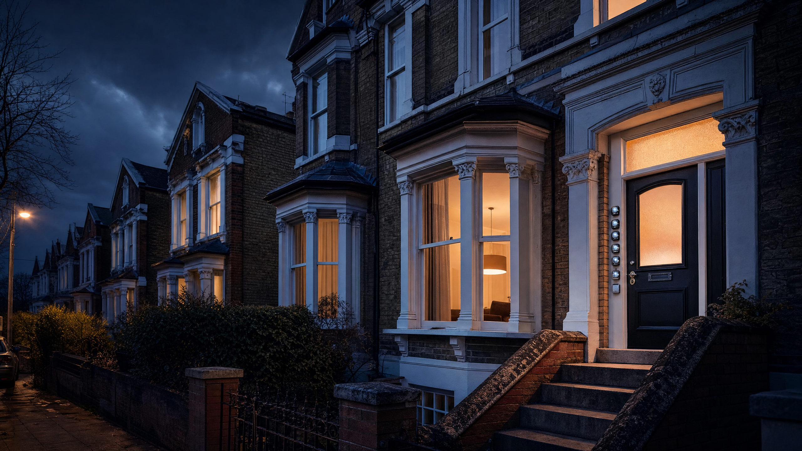 Victorian UK terraced house converted to HMO at dusk — HMO licence and insurance